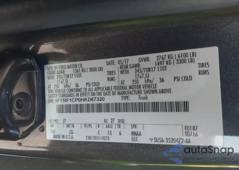 2017 Ford F-150 Xl z USA, uszkodzony, nr VIN 1FTMF1CP0HKD67320